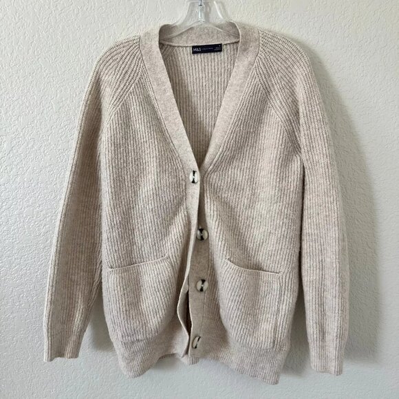 M&S Collection Oatmeal Knit Long Sleeve Button Front Cardigan - Picture 1 of 6